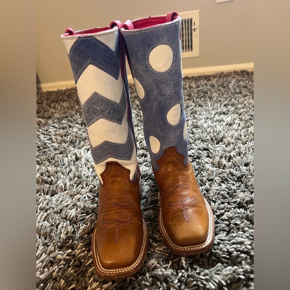 Leather Cowgirl Boots (blue, white, brown)